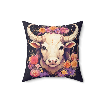 Taurus Zodiac Bull Flower Accents - Astrology Sign - Spun Polyester Square Pillow