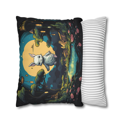 White Rabbit Mystery Psychedelic Fantasy Anime Cartoon Bunny - Spun Polyester Square Pillow Case