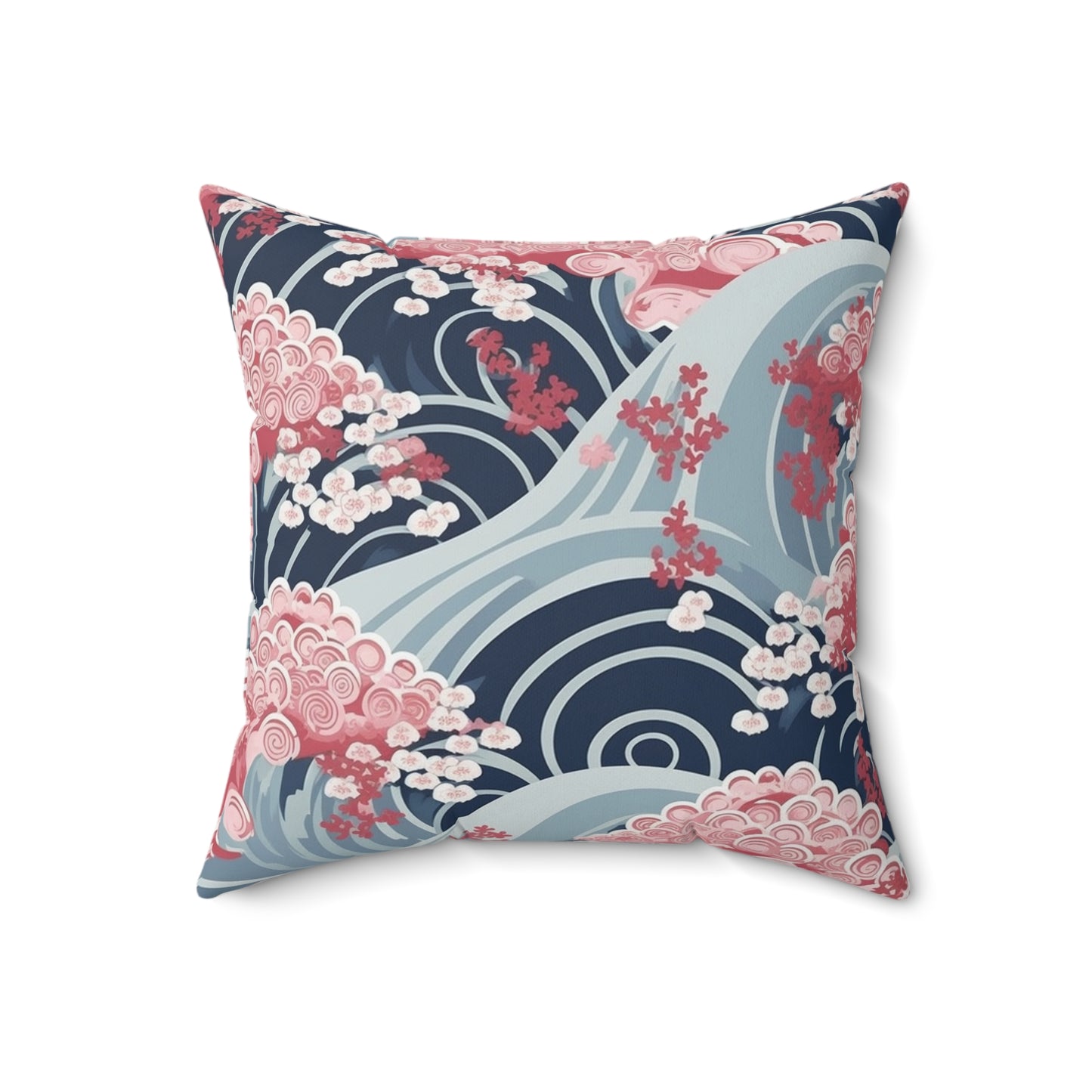 Japanese Minimalist Waves & Cherry Blossoms Pattern Spun Polyester Square Pillow