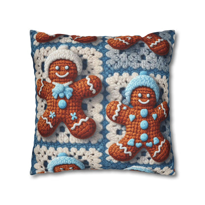 Winter Cheer: Charming Crocheted Gingerbread Christmas Friends Adorned with Snowy Hats and Sweet Smiles - Spun Polyester Square Pillow Case