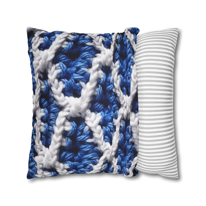 Blueberry Blue Crochet, White Accents, Classic Textured Pattern - Spun Polyester Square Pillow Case