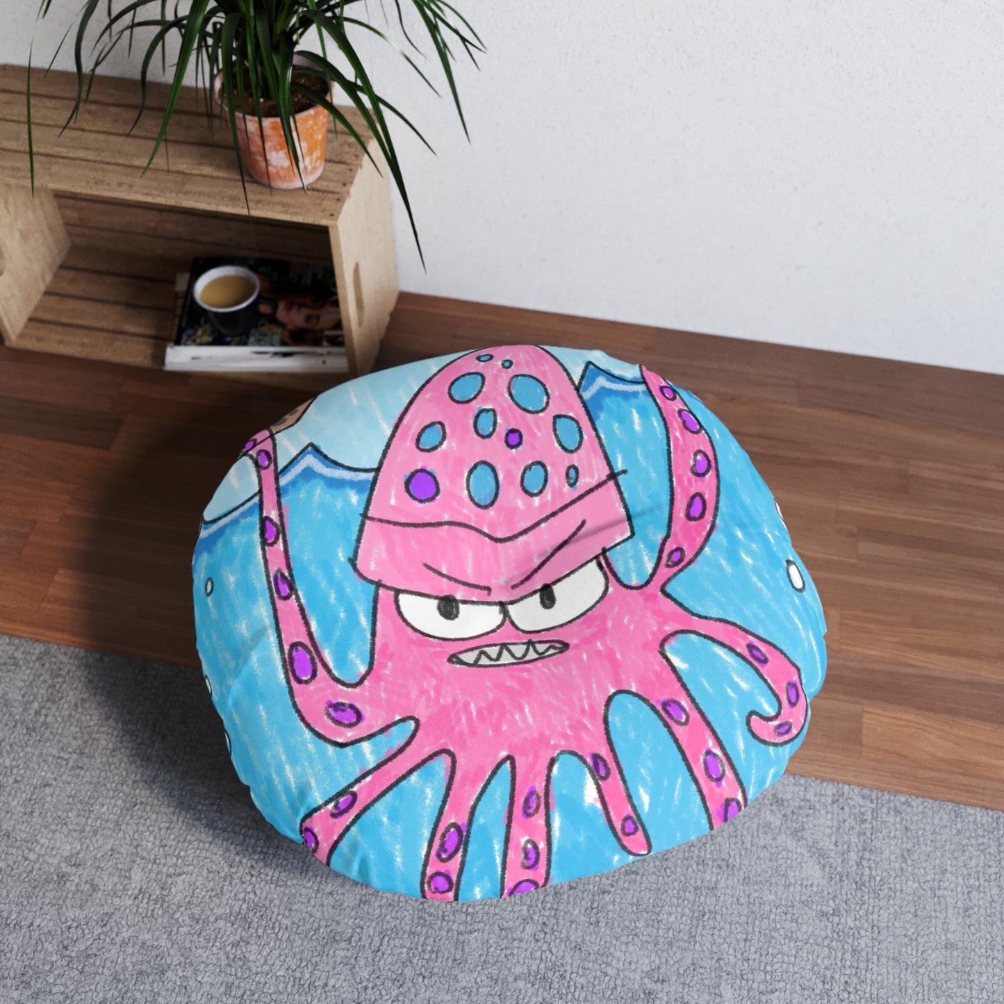 The Kraken Octopus Clean Graphic Tufted Floor Pillow, Round