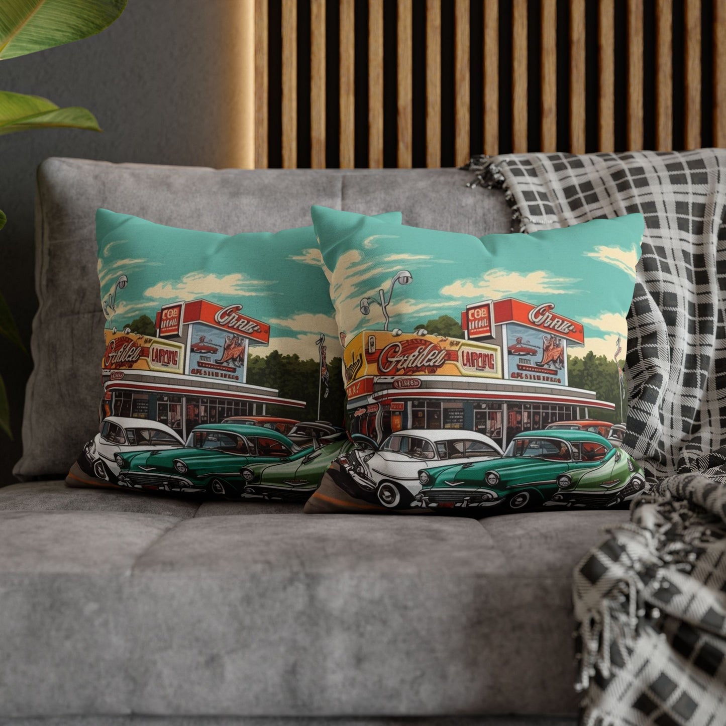 1950s Classic Car Collection Retro Artwork Spun Polyester Square Pillow Case