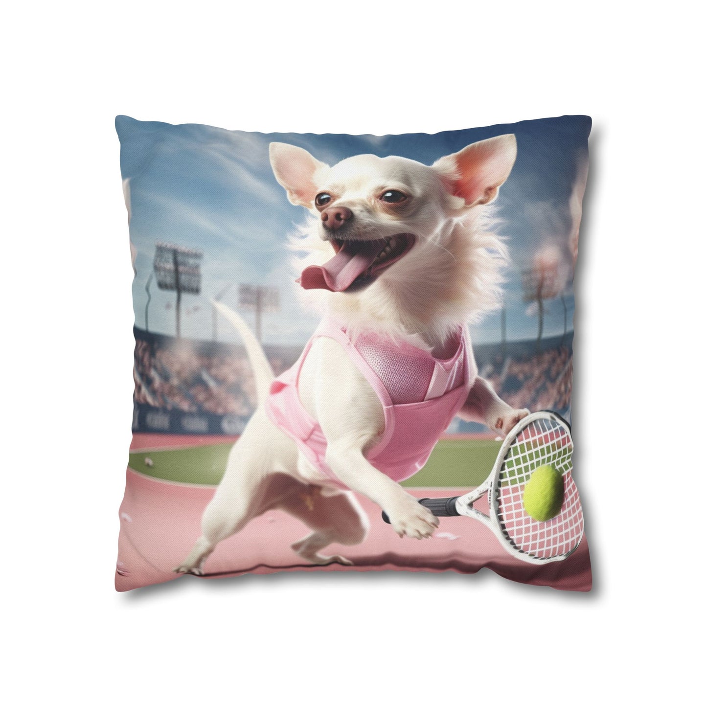 Chihuahua Tennis Ace: Dog Pink Outfit, Court Atheletic Sport Game - Spun Polyester Square Pillow Case