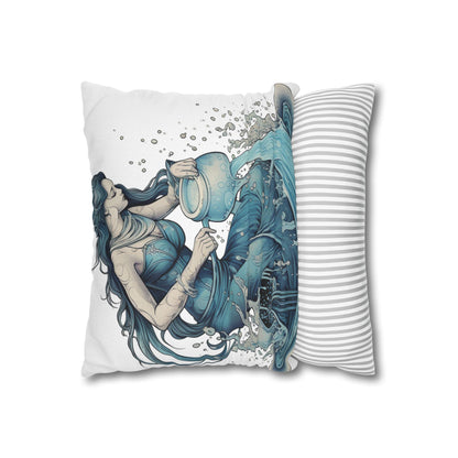 Aquarius Zodiac Symbol - Girl Pouring Water, Hand-Drawn Style - Spun Polyester Square Pillow Case