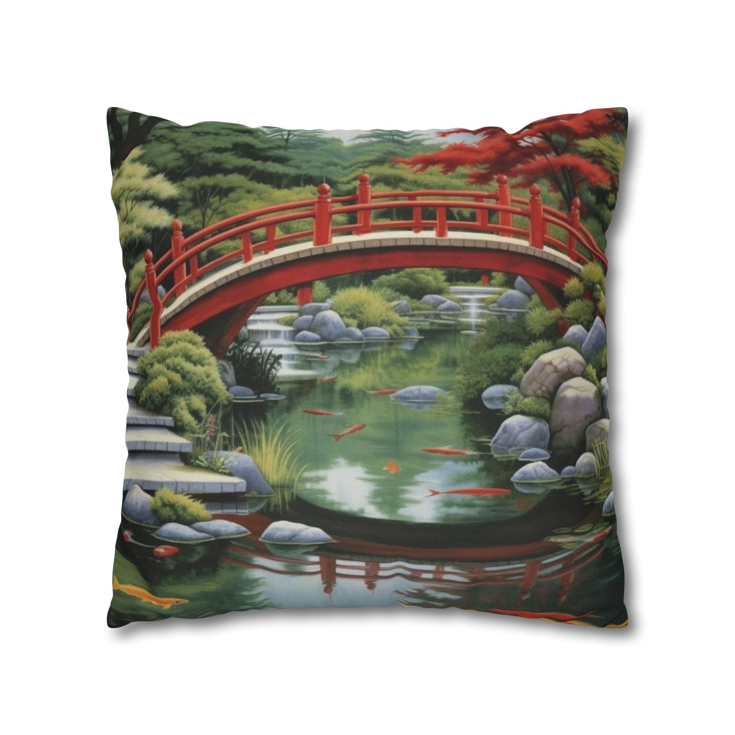 Japanese Garden Art - Tranquil Koi Pond Red Bridge Spun Polyester Square Pillow Case