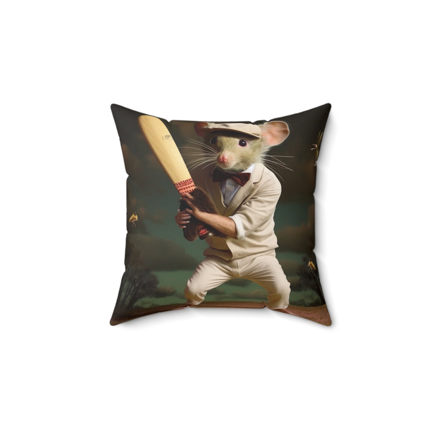 Mouse Cricket Batting, Wicket, Ball Hitting Stump, Howzat Moment - Spun Polyester Square Pillow