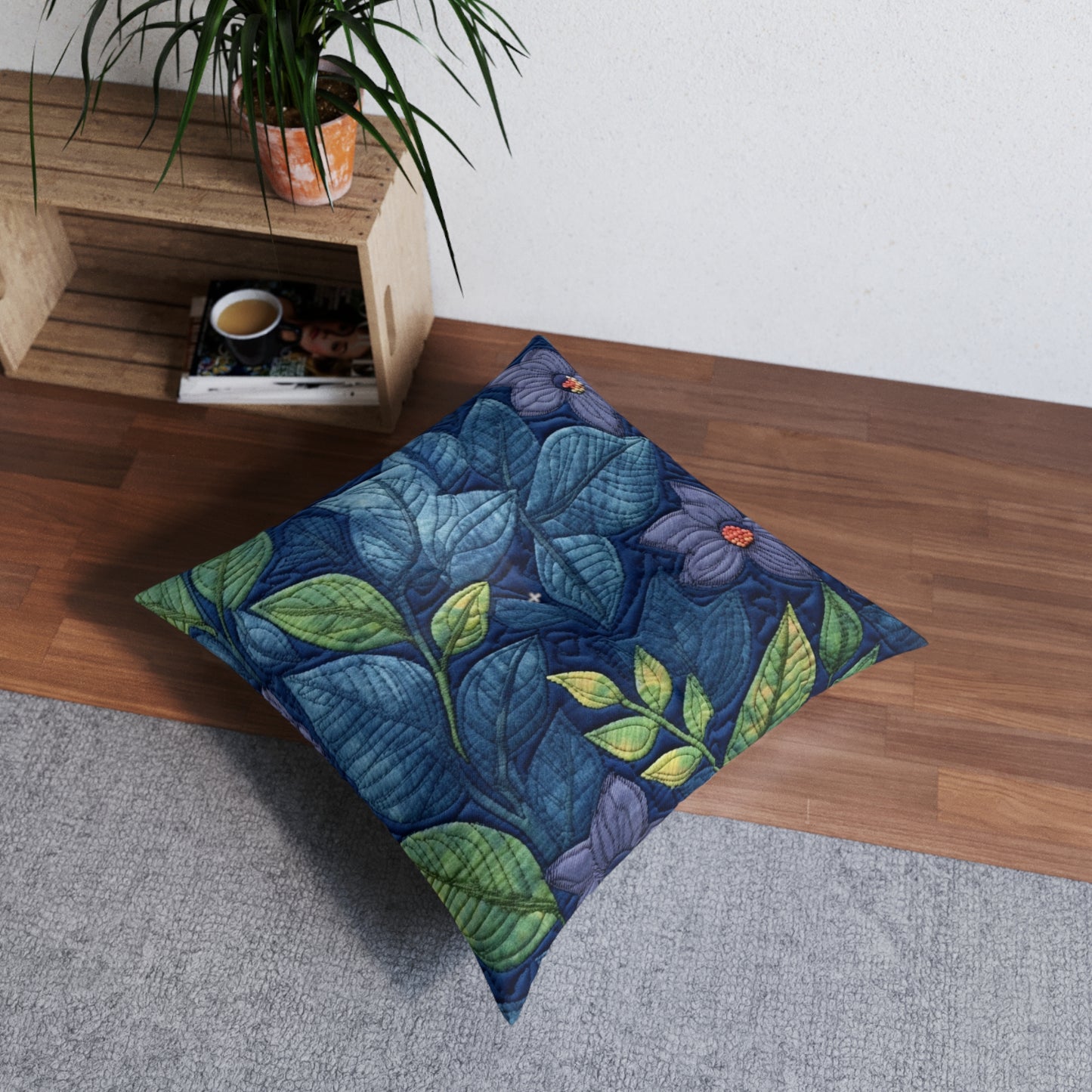 Floral Embroidery Blue: Denim-Inspired, Artisan-Crafted Flower Design - Tufted Floor Pillow, Square