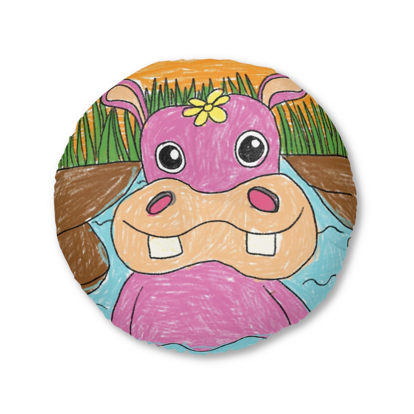 Hippo Hippopotamus Animal Creature Graphic Tufted Floor Pillow, Round