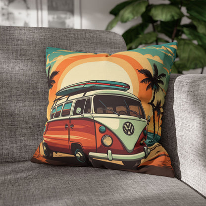 Retro Beach Camper Van - Sunset Surfboard Scene Spun Polyester Square Pillow Case