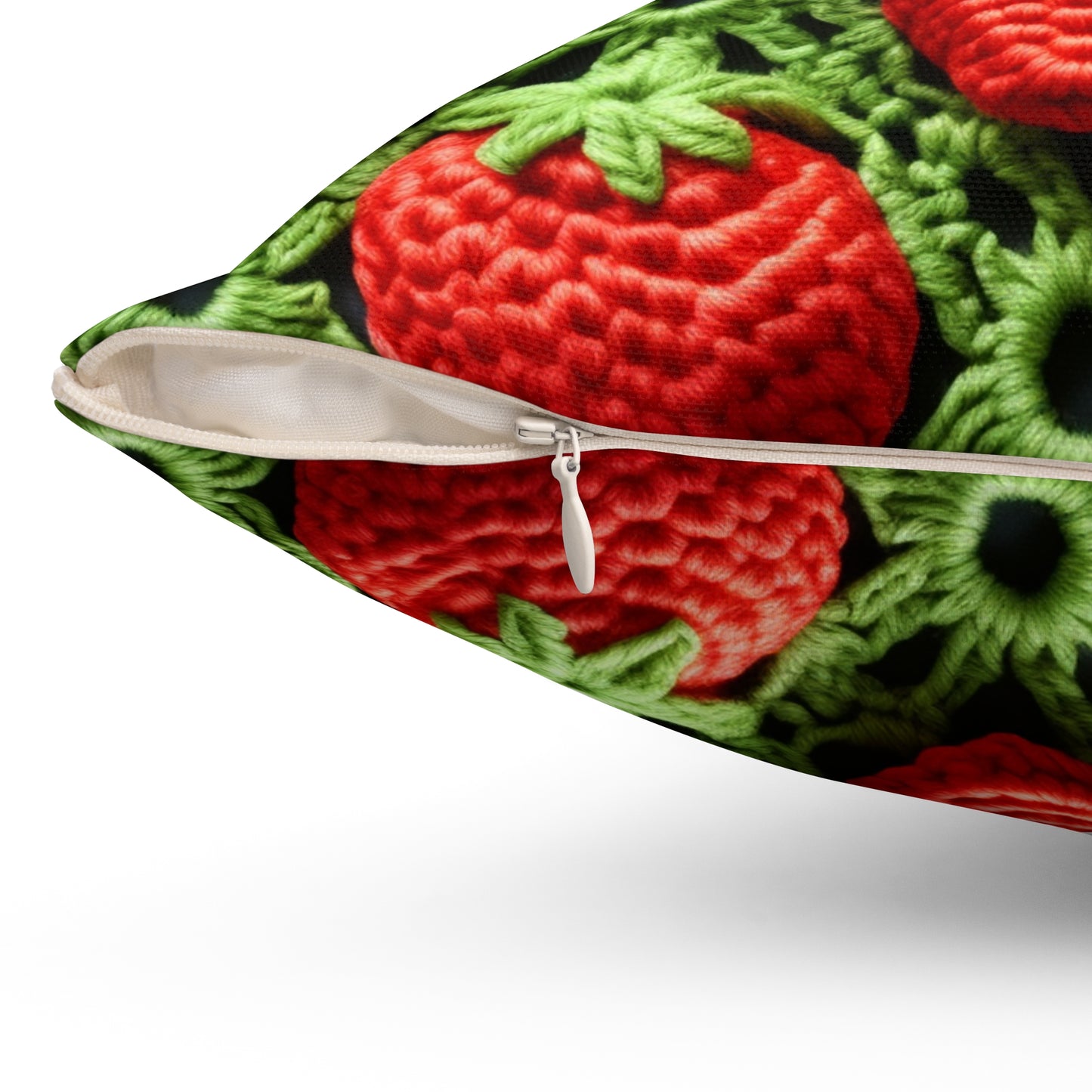 Strawberry Field Crochet - Forever Forest Greens - Fruit Berry Harvest Crop - Spun Polyester Square Pillow