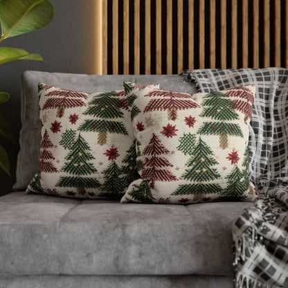 Embroidered Christmas Winter, Festive Holiday Stitching, Classic Seasonal Design - Spun Polyester Square Pillow Case