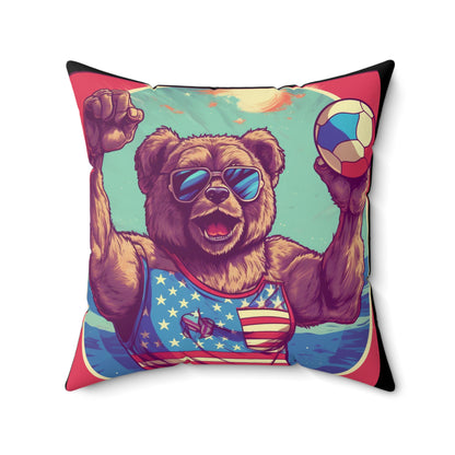 Volleyball Court Patriotism: 4th of July American Bear Athletic Spun Polyester Square Pillow