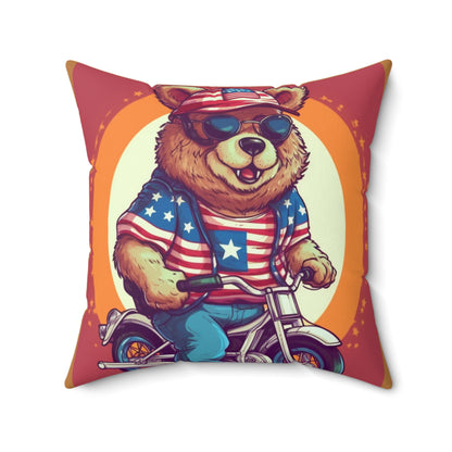 Biking with American Pride: Celebrate 4th of July with the Patriotic Bear's Ride Spun Polyester Square Pillow