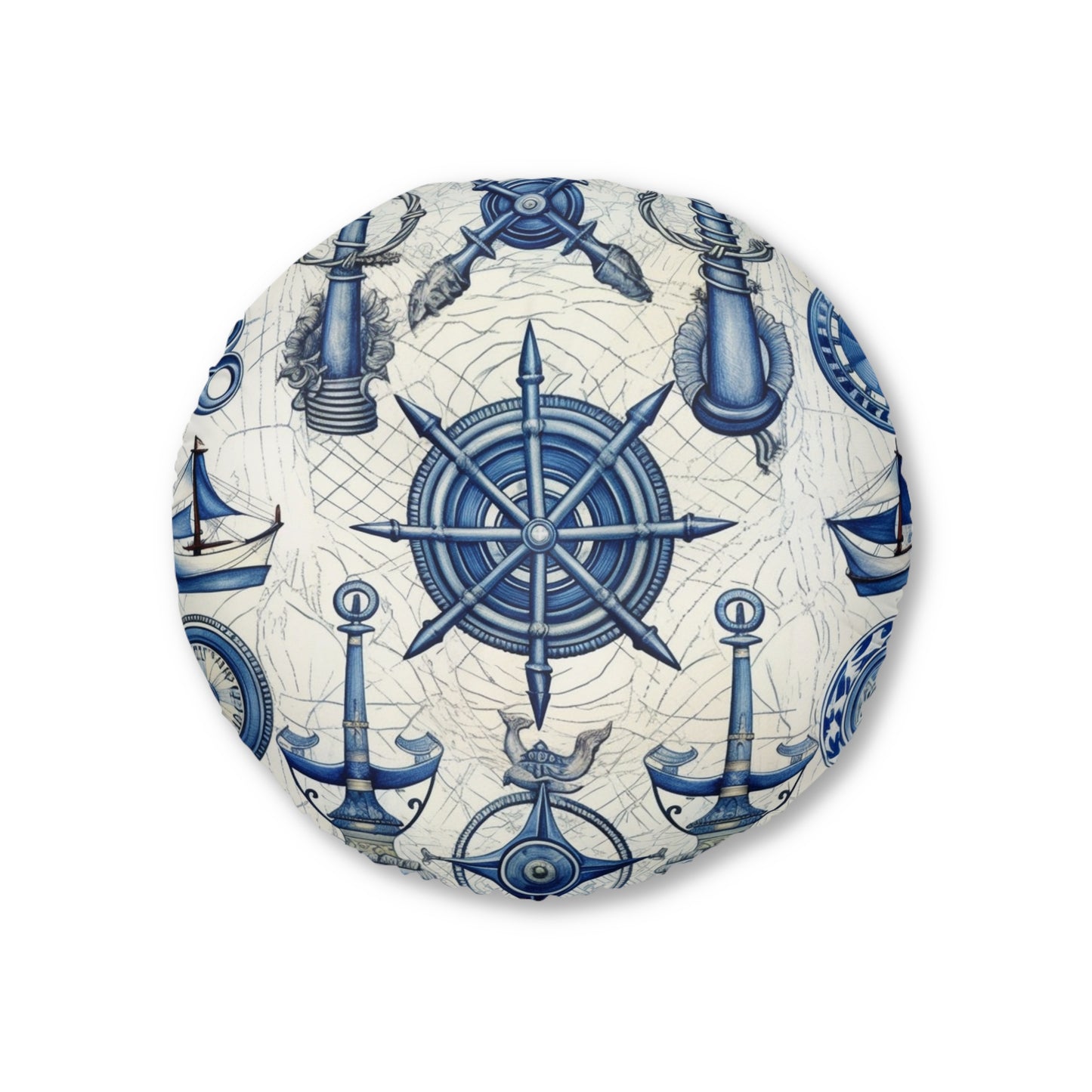 Nautical Theme Art - Anchors, Ropes, Compass Floor Pillow, Round