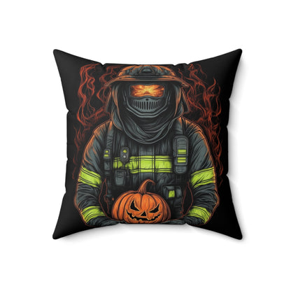 Firefighter Spooky Alert: Facing Haunted Halloween Spirits Scary Fire Pumpkin - Spun Polyester Square Pillow