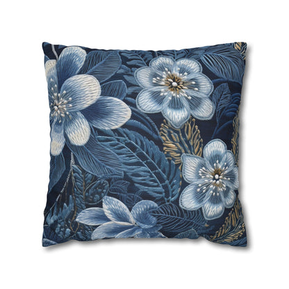 Flower Blossom Embroidery Floral on Denim Style - Spun Polyester Square Pillow Case