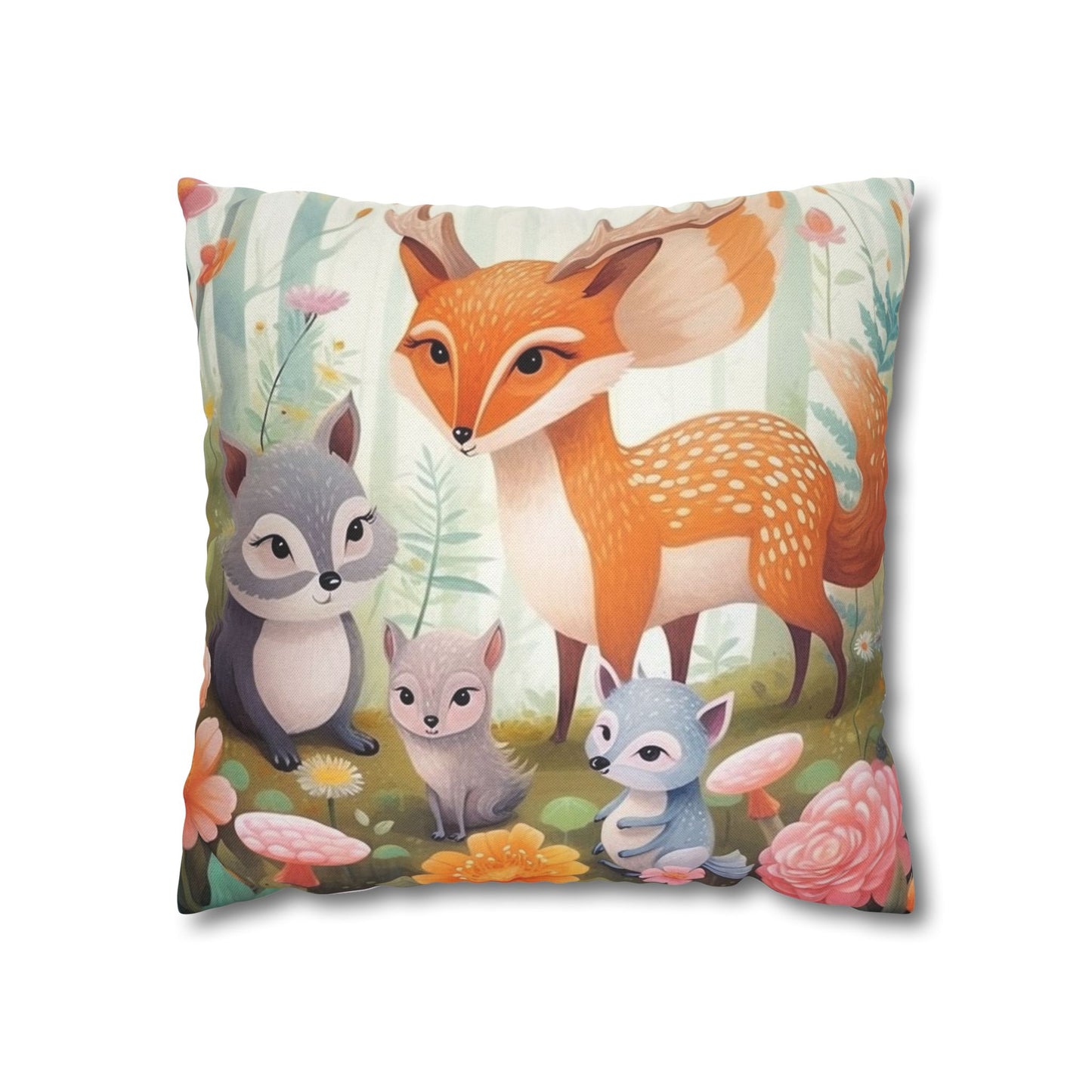 Cute Woodland Creatures Whimsical Animal Art Spun Polyester Square Pillow Case