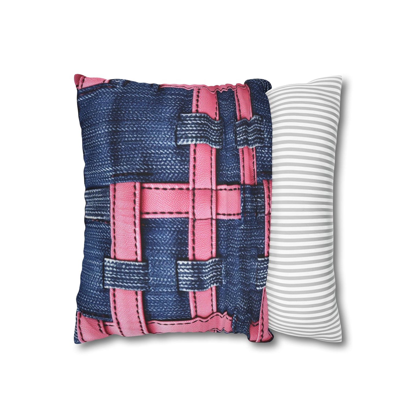 Candy-Striped Crossover: Pink Denim Ribbons Dancing on Blue Stage - Spun Polyester Square Pillow Case