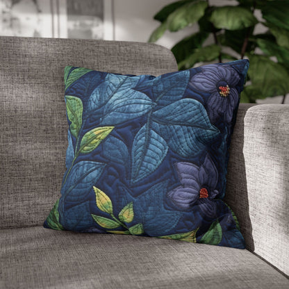 Floral Embroidery Blue: Denim-Inspired, Artisan-Crafted Flower Design - Spun Polyester Square Pillow Case