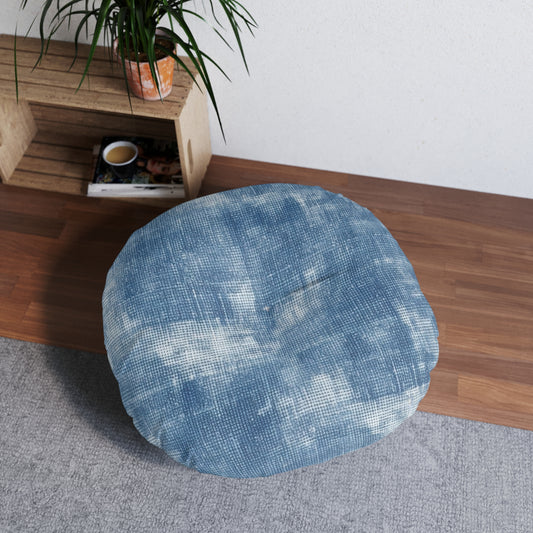 Faded Blue Washed-Out: Denim-Inspired, Style Fabric - Tufted Floor Pillow, Round