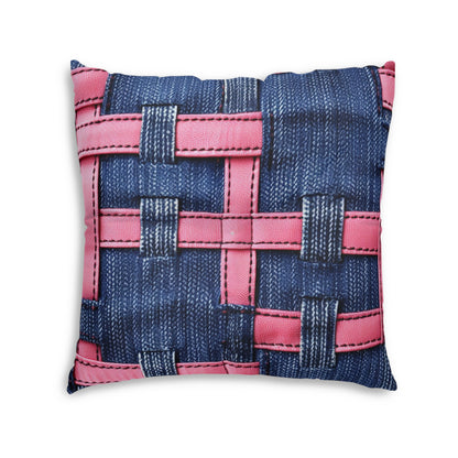 Candy-Striped Crossover: Pink Denim Ribbons Dancing on Blue Stage - Tufted Floor Pillow, Square