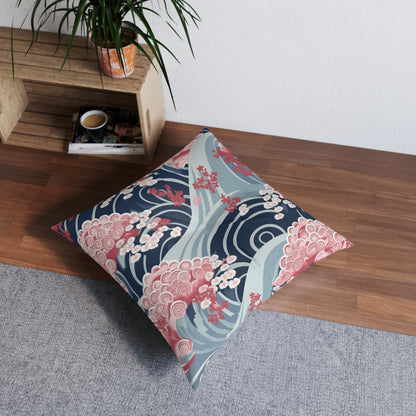 Japanese Minimalist Waves & Cherry Blossoms Pattern Tufted Floor Pillow, Square