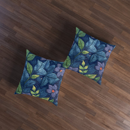 Floral Embroidery Blue: Denim-Inspired, Artisan-Crafted Flower Design - Tufted Floor Pillow, Square