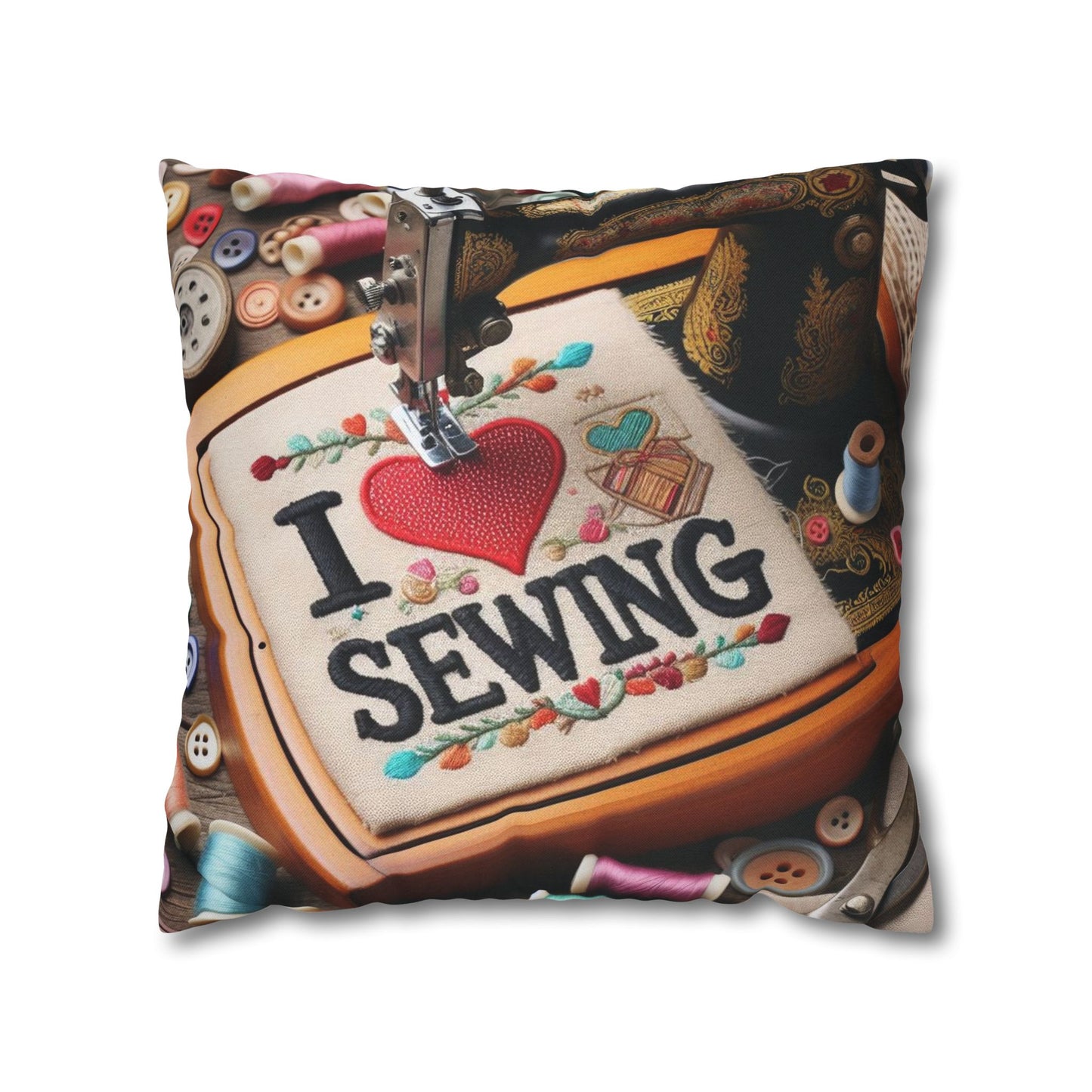 Sewing Machine, I Love Sewing Embroidery, Tailor Workshop - Spun Polyester Square Pillow Case