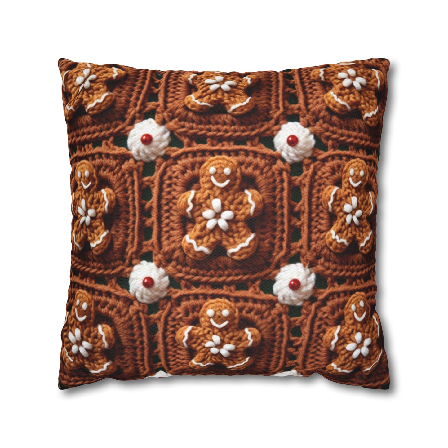 Gingerbread Man Crochet, Classic Christmas Cookie Design, Festive Yuletide Craft. Holiday Decor - Spun Polyester Square Pillow Case