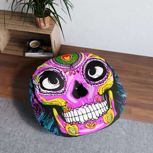 Trippy psychedelic Skull Skeleton Head Face Tufted Floor Pillow, Round