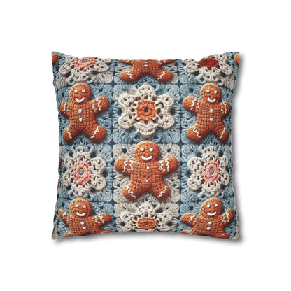 Christmas Holiday Delight: Crocheted Gingerbread Smile Pattern with Lace Snowflakes - Spun Polyester Square Pillow Case