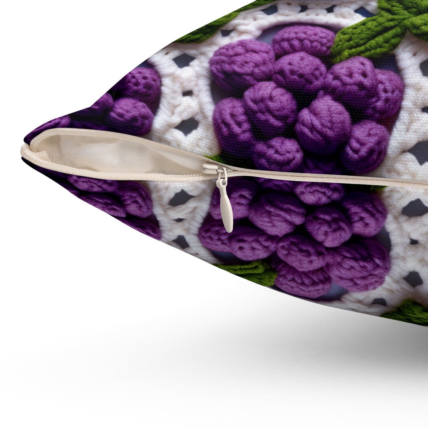 Crochet Grapes Pattern - Granny Square Design - Fresh Fruit Pick - Orchard Purple Snack Food - Spun Polyester Square Pillow