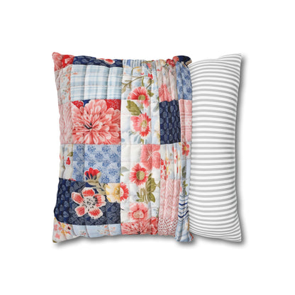 Floral Harmony Quilt, Blossom Patchwork, Blue and Pink Quilted Patterns, Garden Quilt, Soft Pastel Quilting Squares Design - Spun Polyester Square Pillow Case