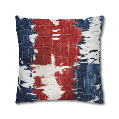 Patriotic Red, White & Blue: Distressed Denim-Style, Torn Fabric - Spun Polyester Square Pillow Case