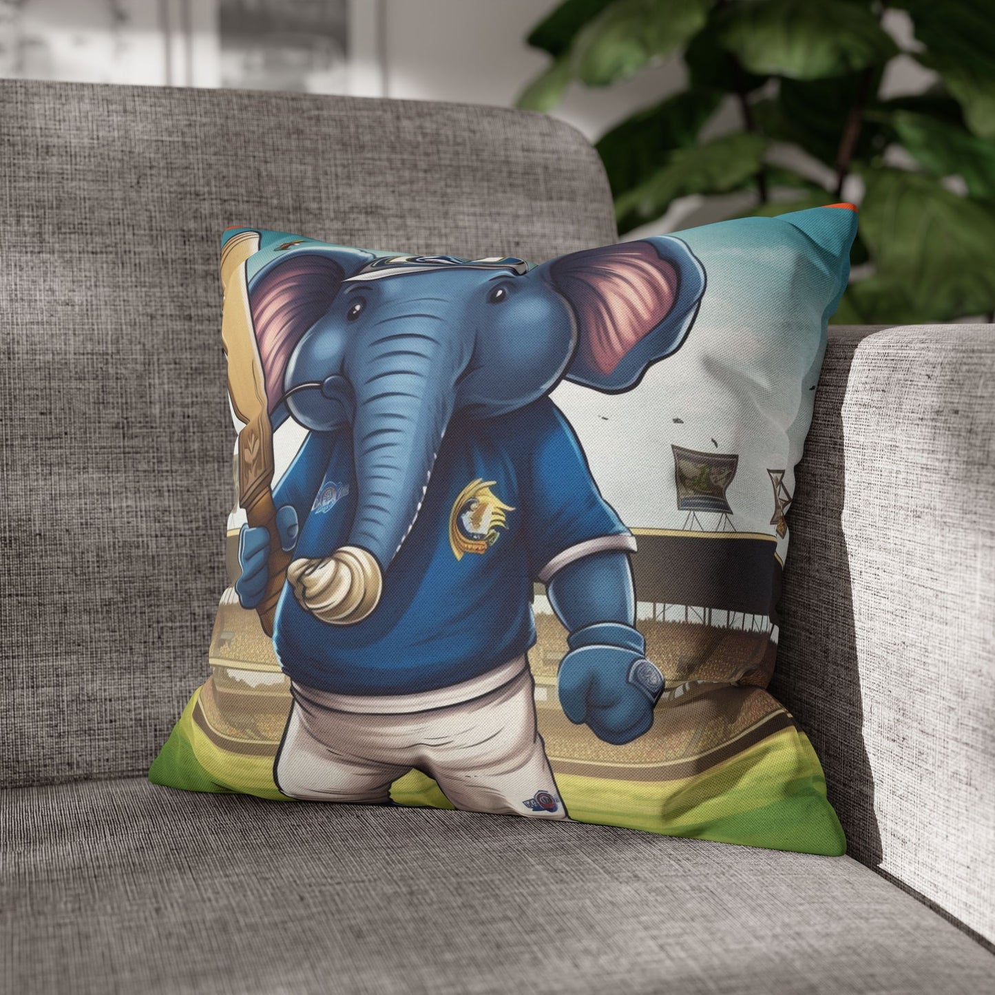 India Elephant Cricket Sport Star: Pitch, Run, Stump Game - Animated Charm - Spun Polyester Square Pillow Case