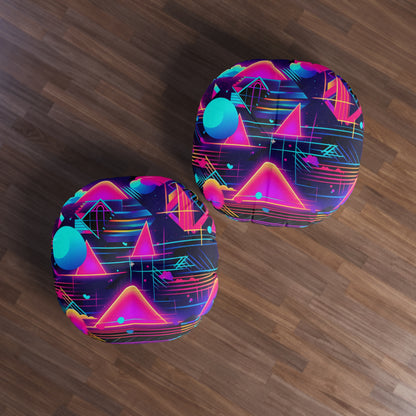 80s Synthwave Retro-Futuristic Inspired Pattern Design Tufted Floor Pillow, Round