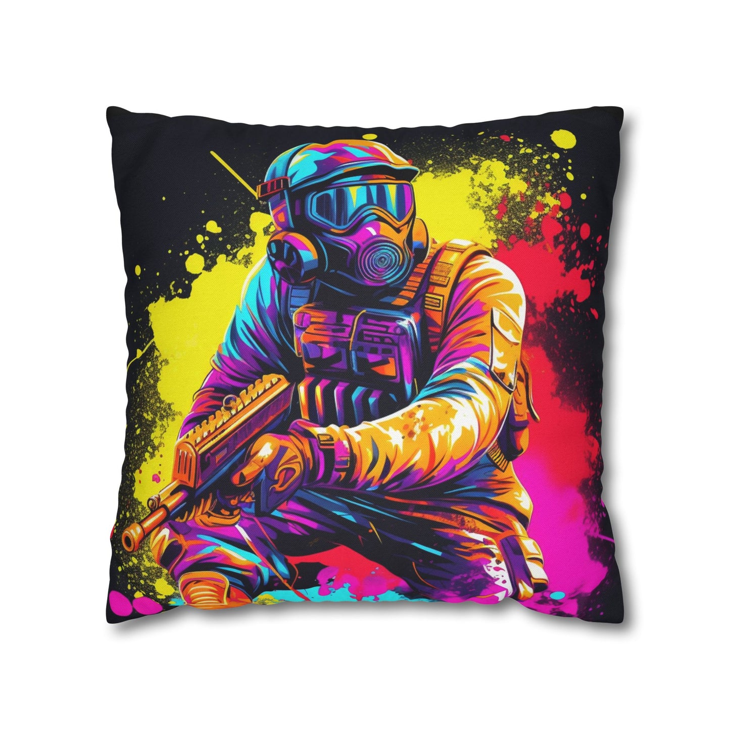 Paintball Action Sport: Player in Battle, Paint Splatter - Spun Polyester Square Pillow Case