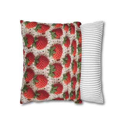 Strawberry Traditional Japanese, Crochet Craft, Fruit Design, Red Berry Pattern - Spun Polyester Square Pillow Case