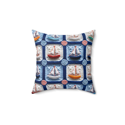 Crochet Boat Ship Sea Vessel Ocean Beach Travel Yacht Design - Spun Polyester Square Pillow