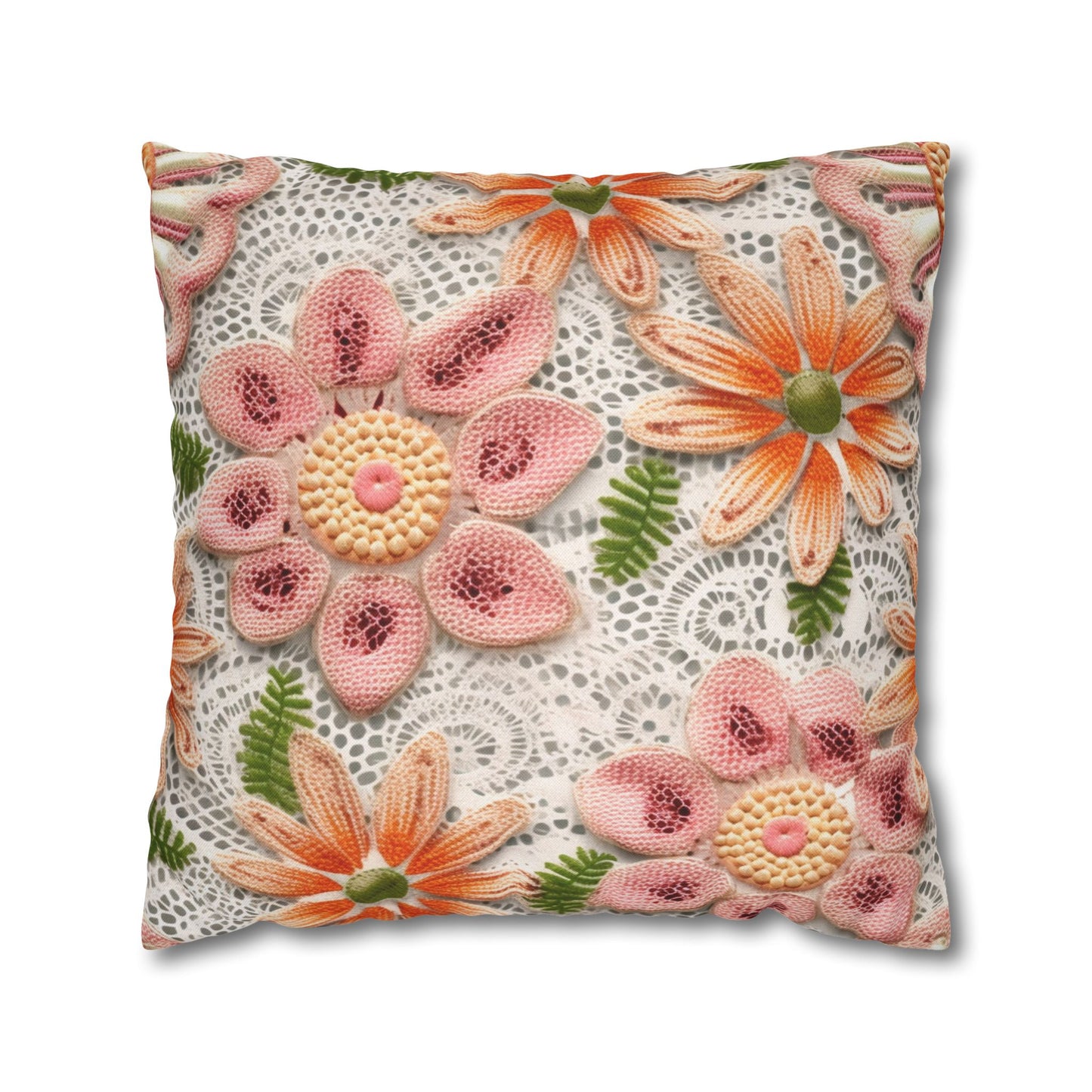 Floral Embroidered Eyelet: Delicate Flower Elegant Pattern - Spun Polyester Square Pillow Case