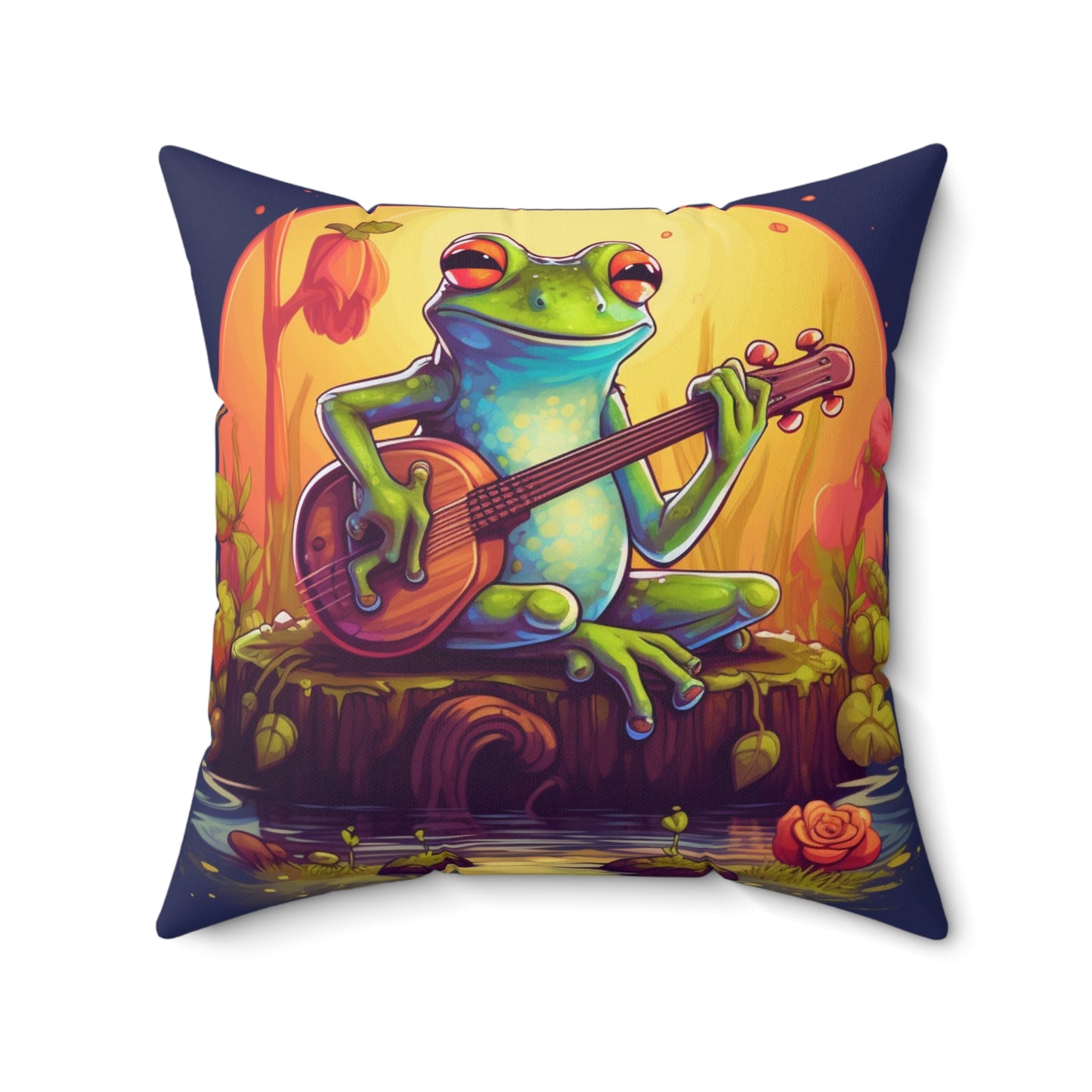 Log Frog Playing Instrument Tune Music Outdoor Swamp Graphic Spun Polyester Square Pillow