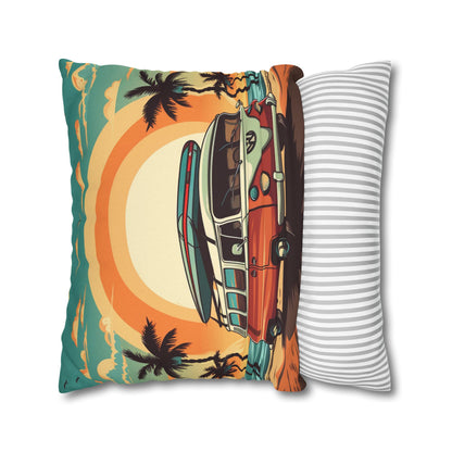 Retro Beach Camper Van - Sunset Surfboard Scene Spun Polyester Square Pillow Case