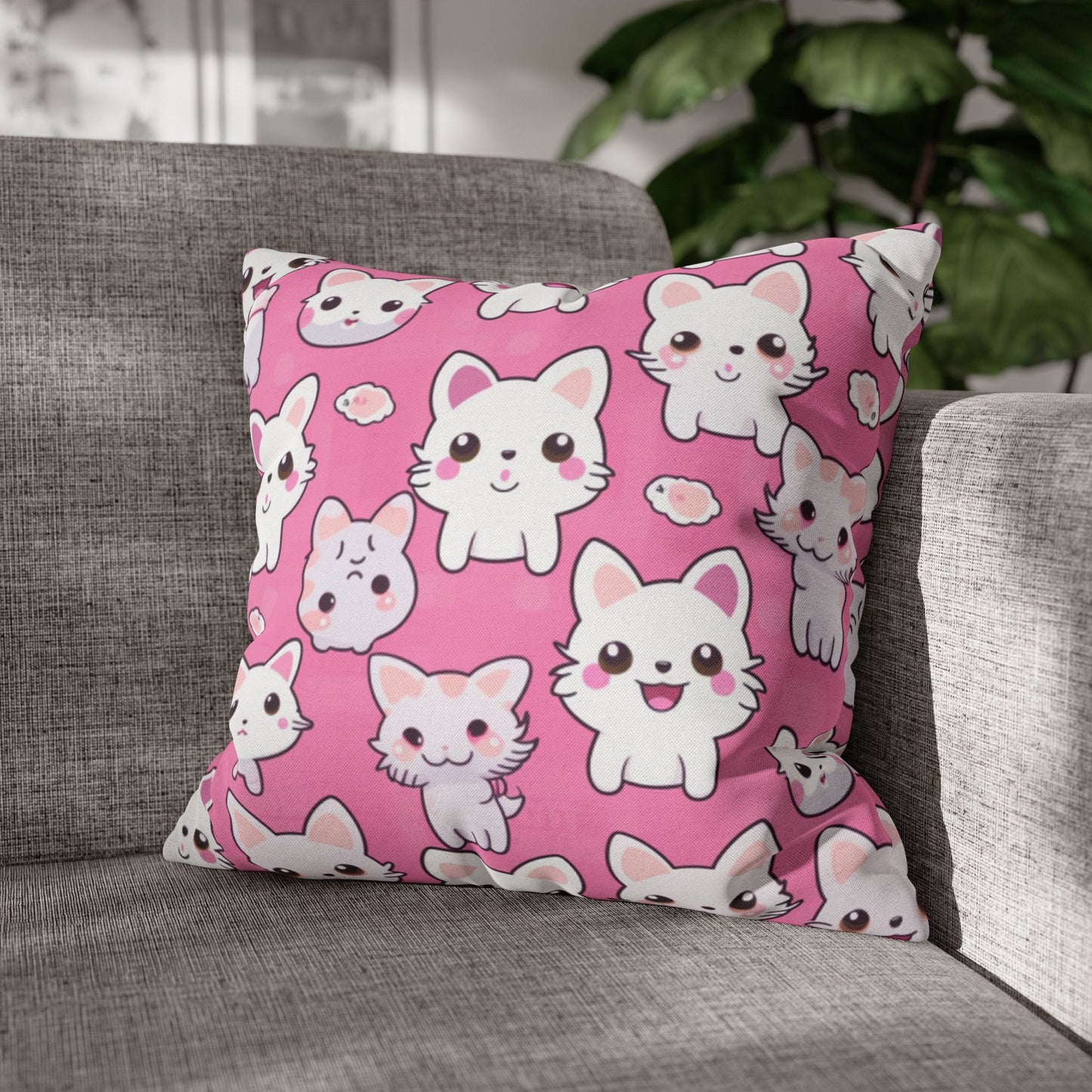 Adorable Cartoon-Style Anime Kitten, Cat, Kitty Pattern - Cute and Colorful - Spun Polyester Square Pillow Case