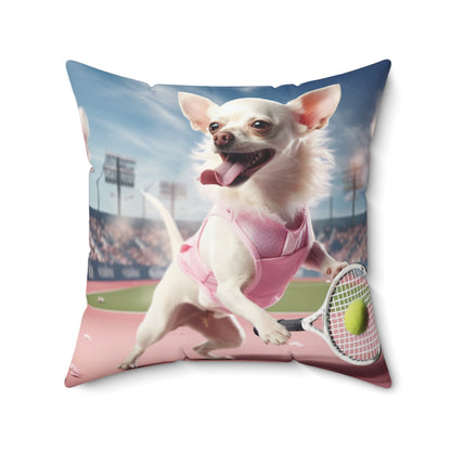 Chihuahua Tennis Ace: Dog Pink Outfit, Court Atheletic Sport Game - Spun Polyester Square Pillow