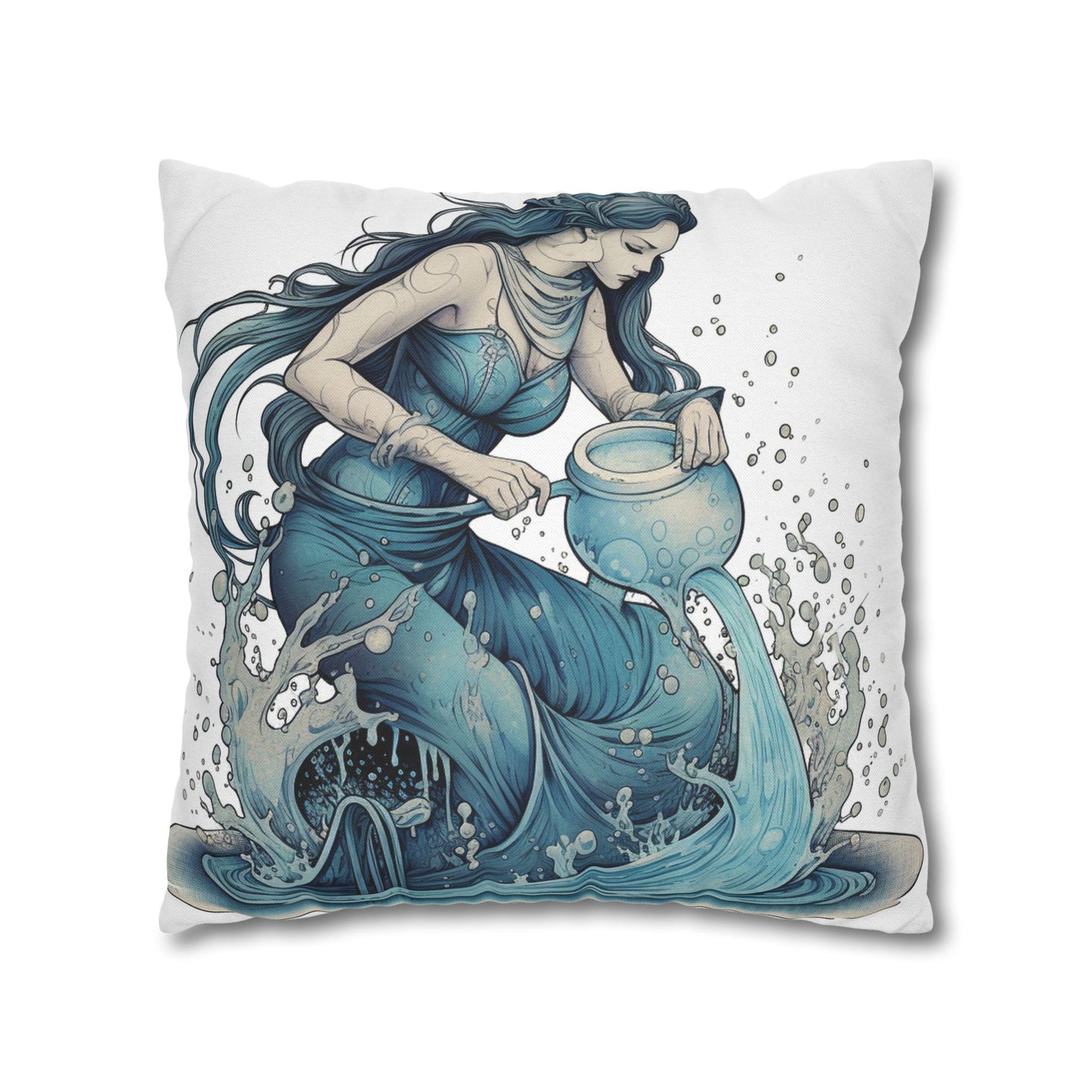 Aquarius Zodiac Symbol - Girl Pouring Water, Hand-Drawn Style - Spun Polyester Square Pillow Case