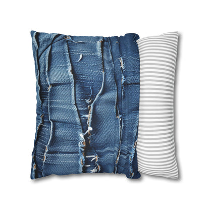 Midnight Blue Distressed Denim: Rugged, Torn & Stylish Design - Spun Polyester Square Pillow Case