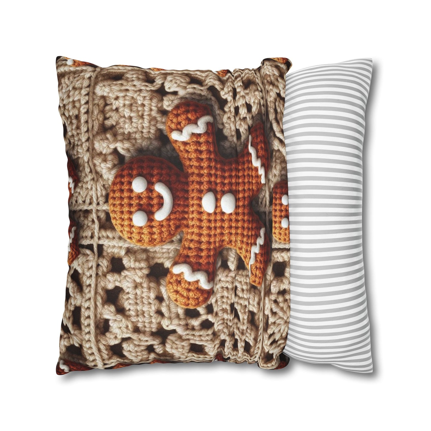 Rustic Gingerbread Delights: Christmas Crochet Gingerbread Men on Classic Beige Granny Squares - Spun Polyester Square Pillow Case