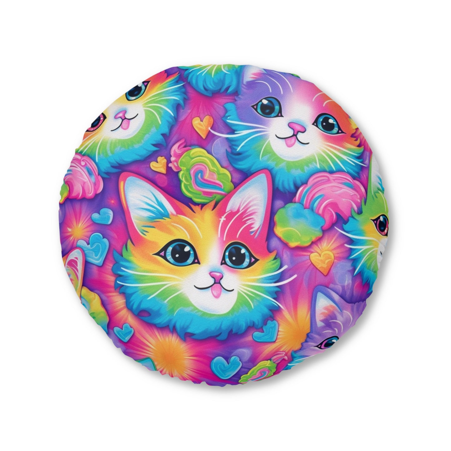 Happy Kitten & Cat Design - Vivid, Colorful & Eye-Catching - Tufted Floor Pillow, Round