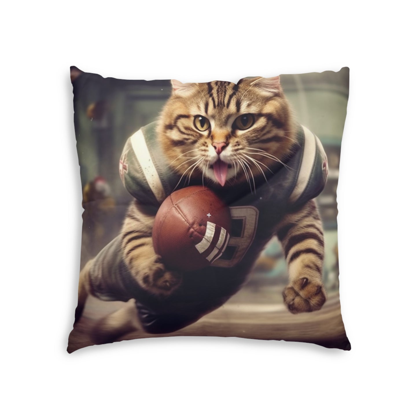 Football Field Felines: Kitty Cats in Sport Tackling Scoring Game Position - Tufted Floor Pillow, Square